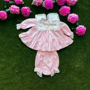 VTG BRYAN Pink & White Lace Long Sleeve Dress w/ Matching Bloomers Sz 3-6 months
